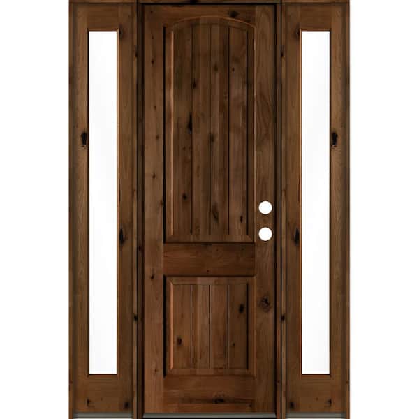 Krosswood Doors 58 in. x 96 in. Rustic Alder Arch Provincial Stained Wood with V-Groove Left Hand Single Prehung Front Door