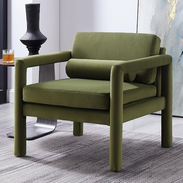 Art Leon Calypso Dark Green Velvet Ribbed Accent Oak Arm Chair with Metal Frame