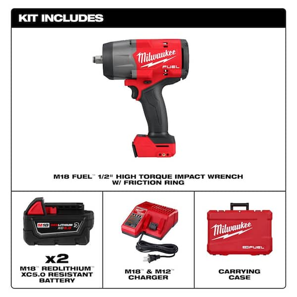 Milwaukee M18 FUEL High Torque Impact Wrench w/ Friction Ring 2967-20,  Li-Ion Battery, 1200 ft/lb Max