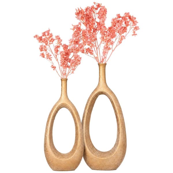 Uniquewise Set of 2 Fiberglass Floor Vases with Pink Preserved Flowers, Modern Boho Oval Open Center