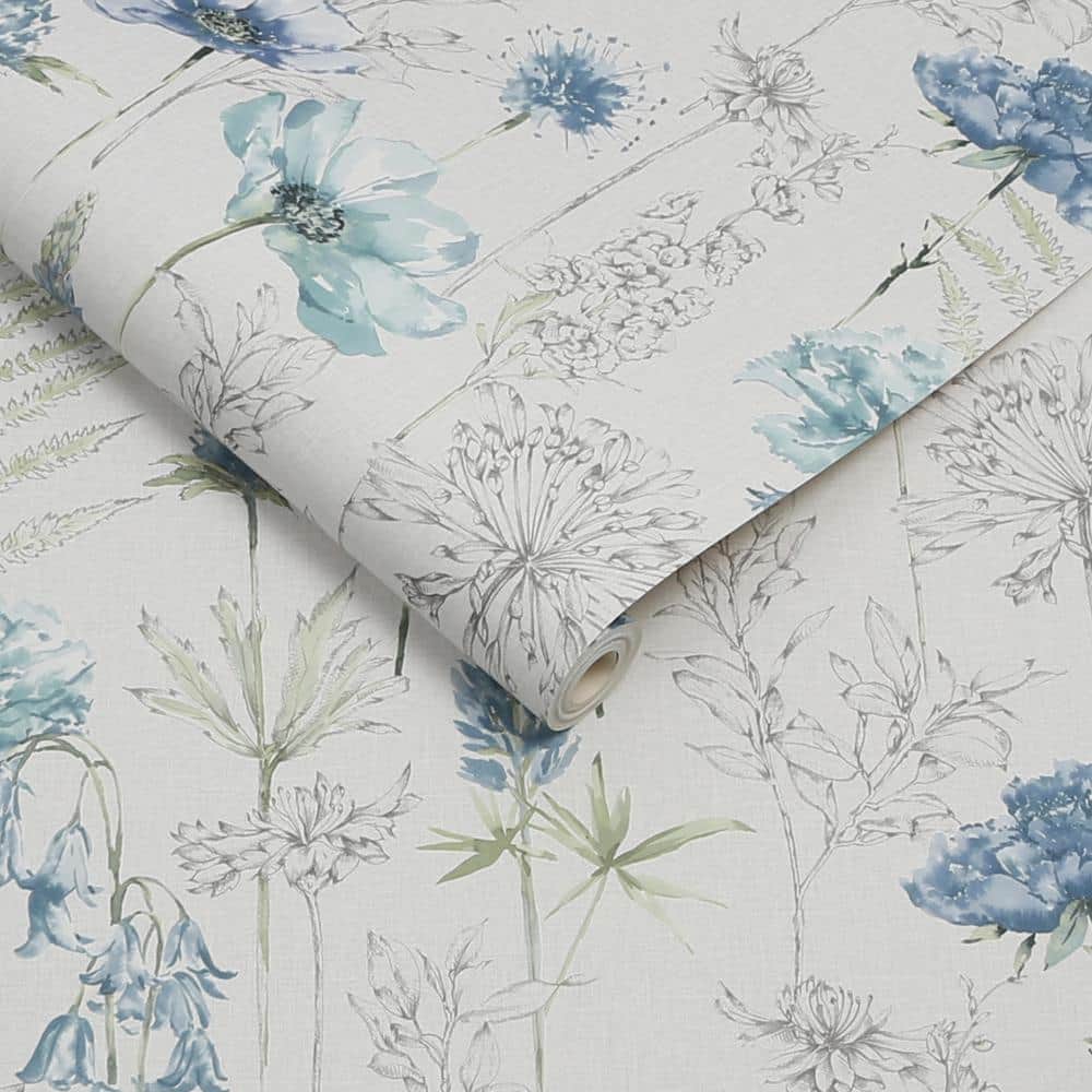 Blue and Green Floral Sketch Removable Wallpaper