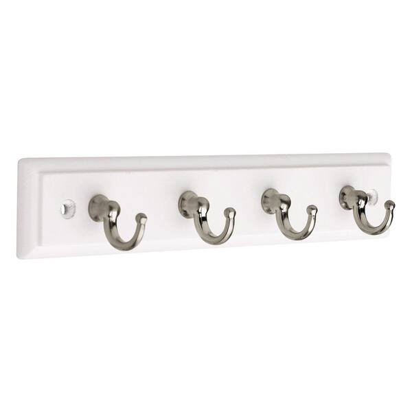 Liberty 9 in. Decorative Hook Key Rail with 4-Hooks in White and Satin Nickel