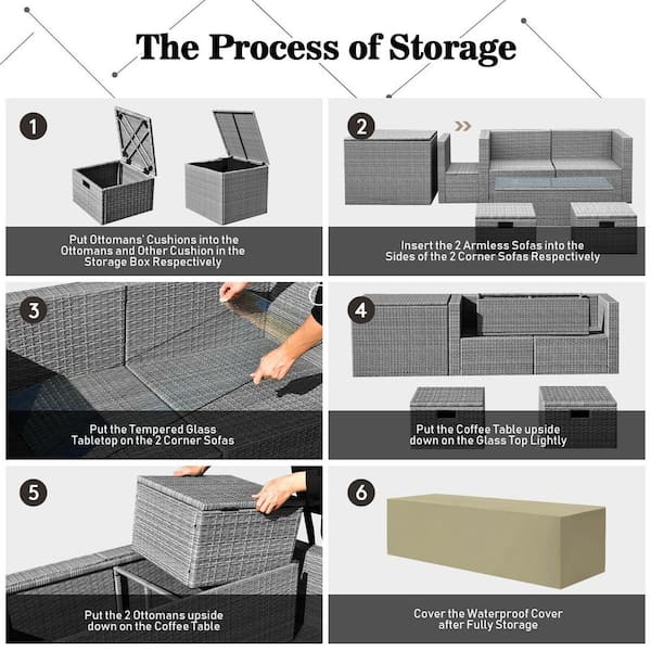 8-Piece Wicker Patio Conversation Set with Black Cushions and Storage Waterproof Cover