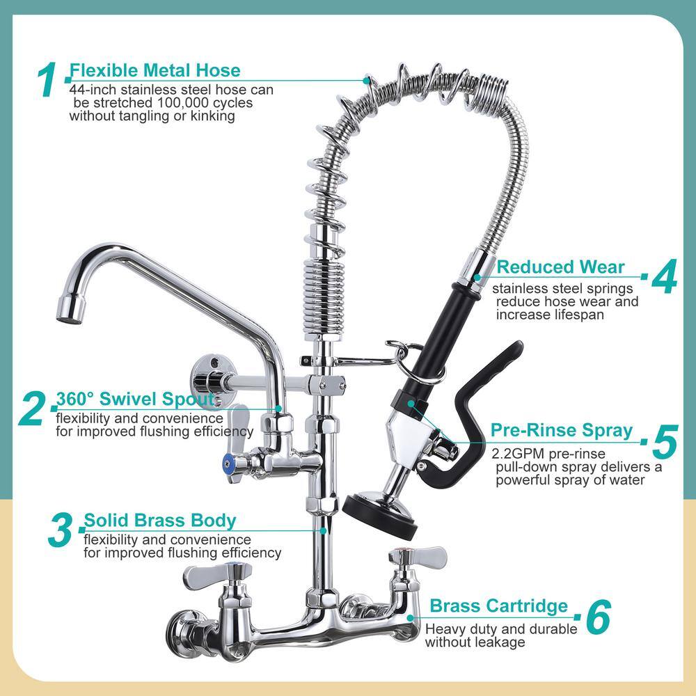 21-Inch Polished Chrome Triple Handle Wall Mount Kitchen Faucet