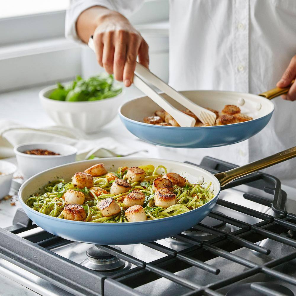 Sky Blue and Gold Ceramic Nonstick Frying Pan Set