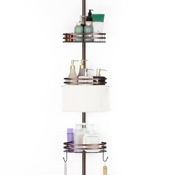 Oumilen Shower Caddy Wall Mounted Bathroom Floating Shelf with Hooks 3-Tier, Brown