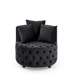 Black Velvet Upholstered Swivel Chair with Button Tufted Design and Movable Wheels