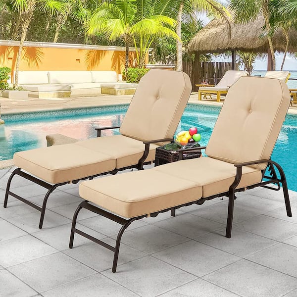 AECOJOY Tufted Adjustable Metal Outdoor Patio Lounge Chair with Beige Cushion (2-Pack)