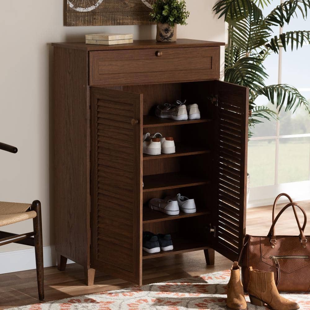 Walnut Finished 5-Shelf Wood Shoe Storage Cabinet with Drawer