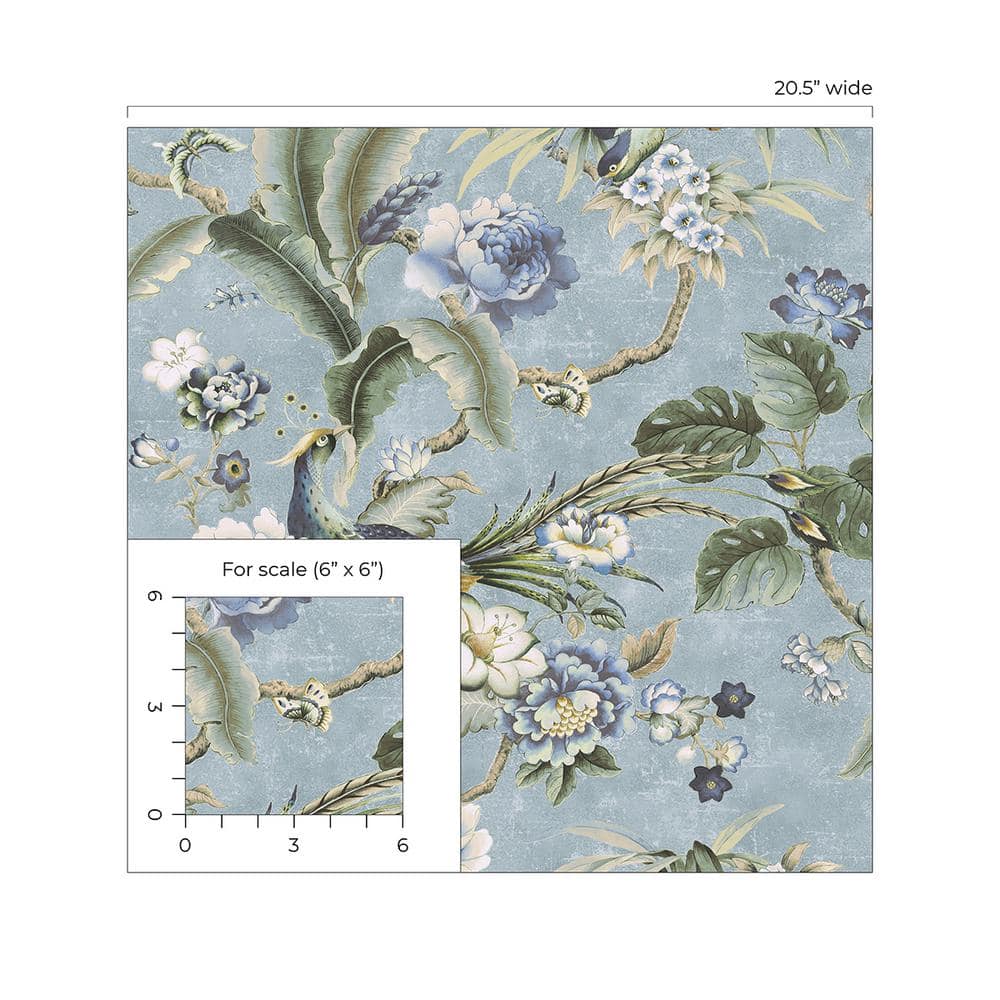 Blue and Charcoal Vinyl Floral Peel and Stick Wallpaper