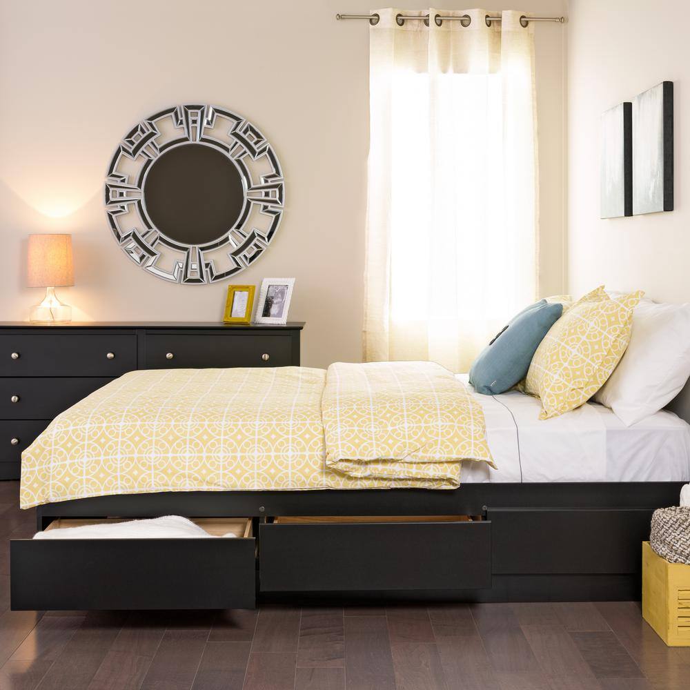 Full Black Pine Wood Platform Bed with 6 Storage Drawers