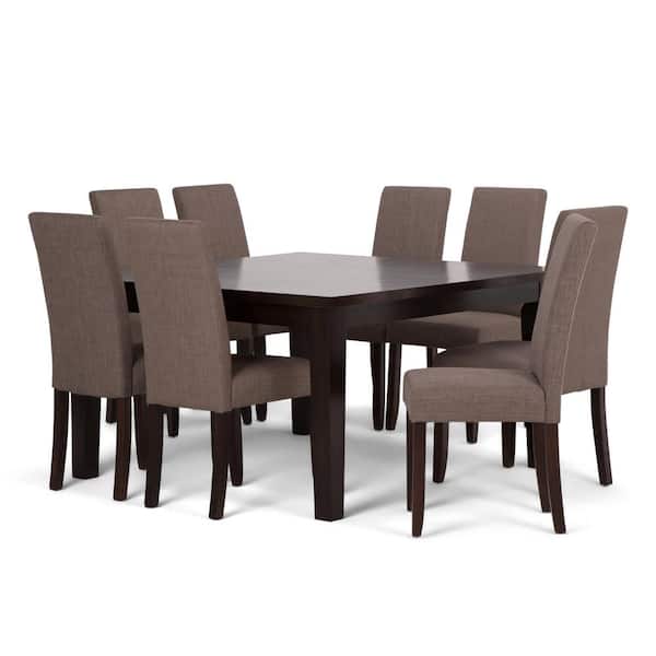 Simpli Home Acadian Transitional 9-Pieces Dining Set w/8-Upholstered Parson Chairs in Light Mocha Linen Fabric and 54 in. Wide Table