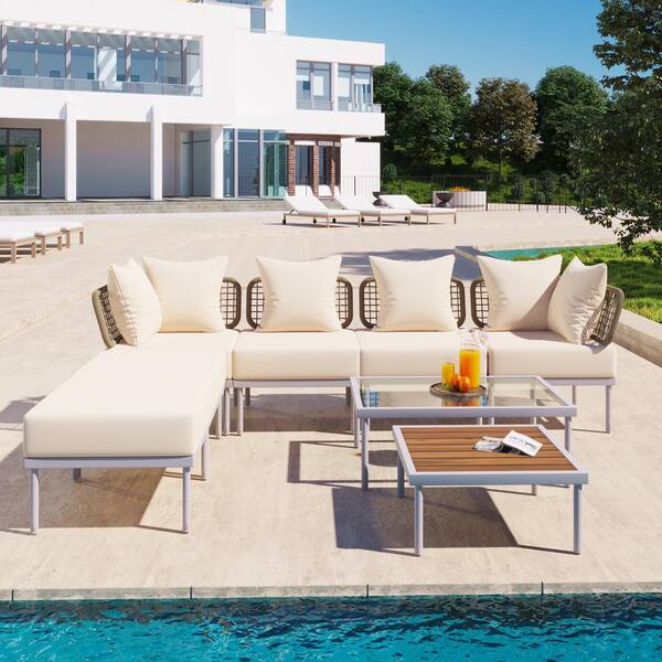 Cesicia White 8-Piece Metal Patio Conversation Set with 2 Table Beige Cushions