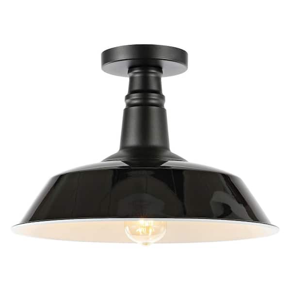 Camila 14 in. 1-Light Classic Industrial Indoor/Outdoor Iron LED Semi Flush Mount, Black/White