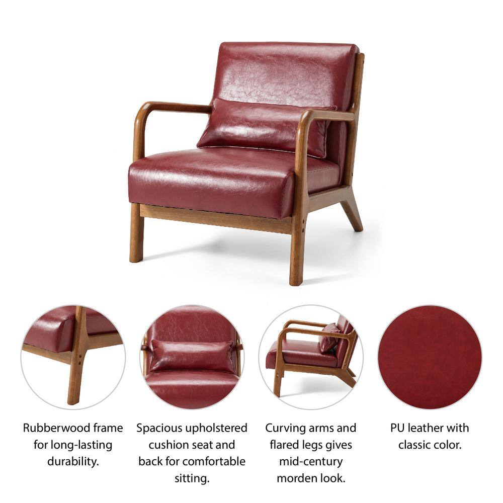 Burgundy Faux Leather Barrel Accent Chair with Wood Frame