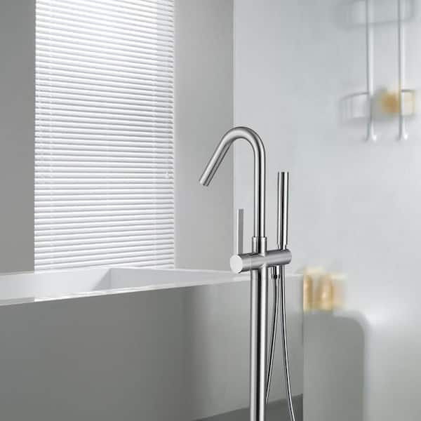 Single-Handle High Arch Floor Mounted Freestanding Tub Faucet with Handshower in Brushed Nickel