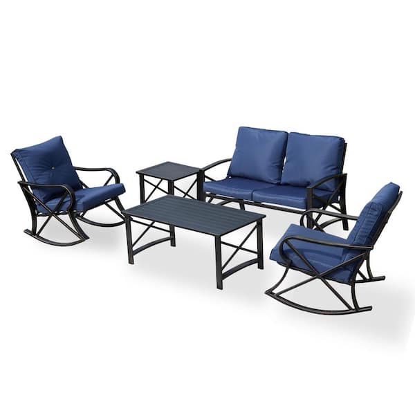 TOP HOME SPACE 5-Piece Metal Patio Conversation Set with Blue Cushions