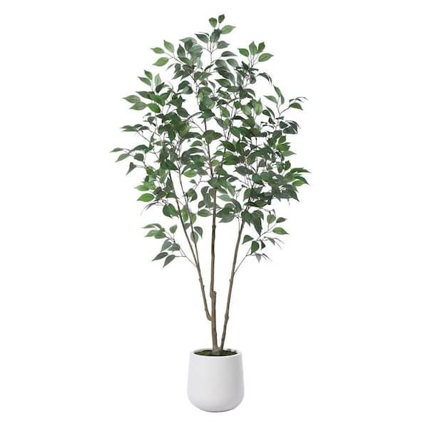DR.Planzen 6 ft. Faux Ficus Tree with Round White Planter, Pre Potted Faux Greenery Ficus Plant for Home Decor