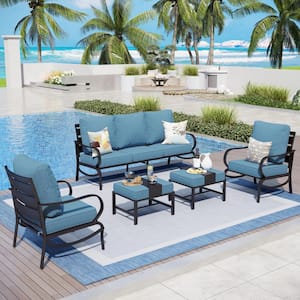 Black 5-Piece Metal Slatted 7-Seat Outdoor Patio Conversation Set with Navy Blue Cushions and 2 Ottomans