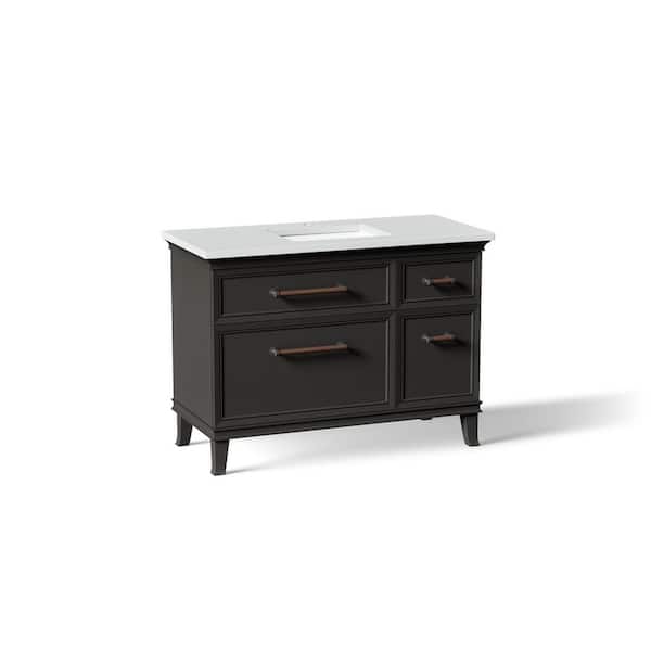 Artifacts 48 in. Freestanding Carbon Oak Bath Vanity with Miami White Quartz Top And Black Hardware