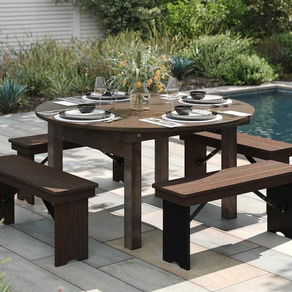Carnegy Avenue Hercules Rustic Mahogany Wood 59.75 in. 4 Leg Seats 8 Solid Pine Folding Farm Dining Table with Foldable Locking Legs
