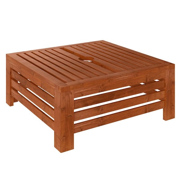 Outsunny 2-in-1 Outdoor Storage Box, Wooden Patio Umbrella Base, Patio Coffee End Table 24.4 in. with Umbrella Hole, Brown