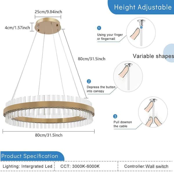 OUKANING 31.5 in. 1 Light 3-Color Integrated LED Gold Modern