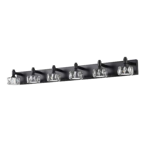 VEVETTA 43.9 in. Black Brass LED 6-Light Bathroom Vanity Light Bath Wall Lighting with PC and Crystal Shades