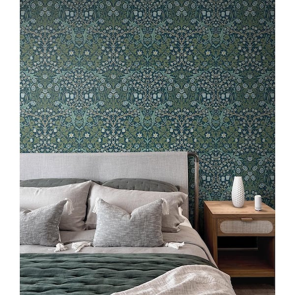 31.35 sq. ft. Prussian Blue and Moss Green Victorian Garden Vinyl Peel and Stick Wallpaper Roll
