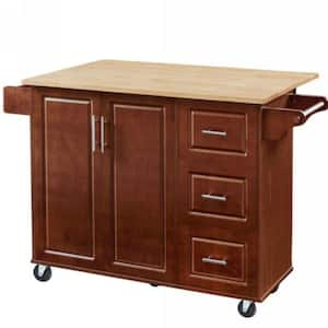 Brown Wood 53.8 in. W Rolling Kitchen Island with Internal Storage Rack and 3-Drawers