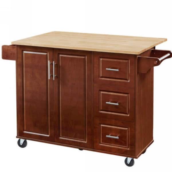 Zeus & Ruta Brown Wood 53.8 in. W Rolling Kitchen Island with Internal Storage Rack and 3-Drawers