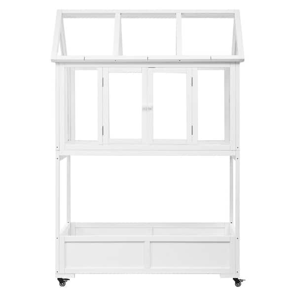 24 in. W x 47 in. D x 69 in. H Wood Garden Portable Mini Greenhouse Cold Frame with Movable Wheels Openable Roof, White
