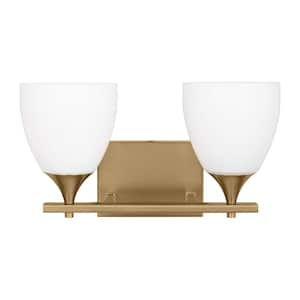 Toffino 16 in. W x 8.875 in. H 2-Light Satin Brass Bathroom Vanity Light with Milk Glass Shades