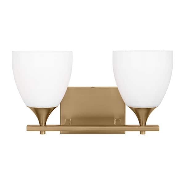 SCOTT LIVING Toffino 16 in. W x 8.875 in. H 2-Light Satin Brass Bathroom Vanity Light with Milk Glass Shades
