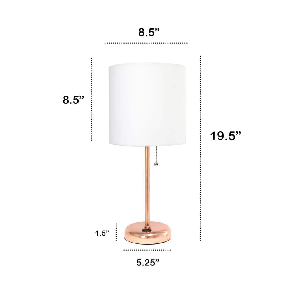 19.5" Rose Gold Metal Table Lamp with White Fabric Shade and Power Outlet