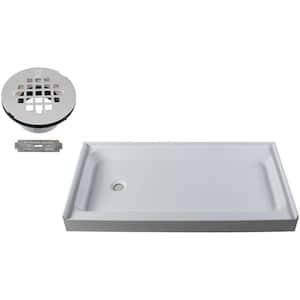 60 in. x 34 in. Single Threshold Alcove Shower Pan Base with Left Hand Plastic Drain in Powder Coat White