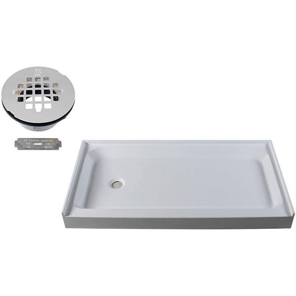Westbrass 60 in. x 34 in. Single Threshold Alcove Shower Pan Base with Left Hand Plastic Drain in Powder Coat White