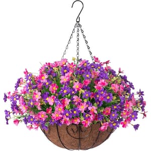 20 in. H Artificial Hanging Flowers in Basket, Outdoor Indoor Patio Lawn Garden Decor, Pinkish Purple