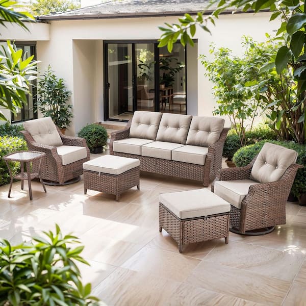 Artisan Brown 6-Piece Wicker Patio Conversation Set with Swivel Rockers, Sofa Seating Set with Olefin Beige Cushions