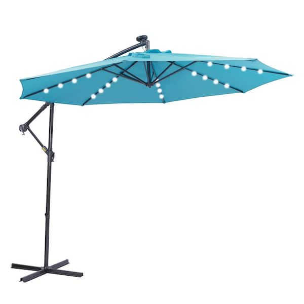 Runesay 10 ft. Beach Market Solar LED Patio Outdoor Hanging Cantilever Umbrella Offset with Cross Base and 35 Lights in Blue