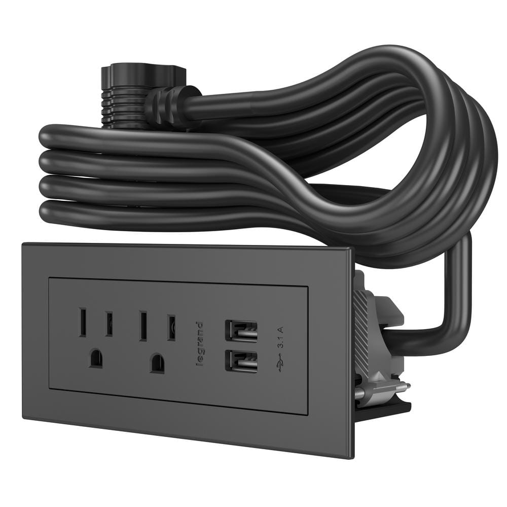 Legrand 10 ft. Cord 15 Amp 2-Outlet and 2 Type A USB radiant Recessed Furniture Power Strip in Black