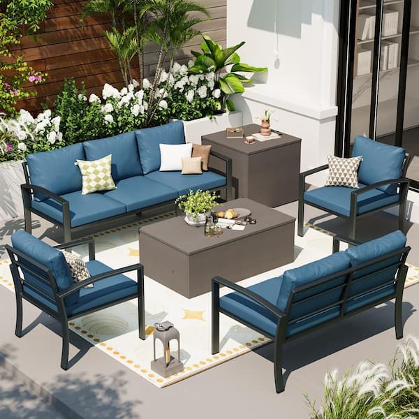 Sudzendf 6-Piece Wicker Outdoor Conversation Patio Furniture Set with Blue Cushions