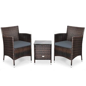 3-Piece Wicker Patio Conversation Set with Gray Cushions and Small Coffee Table