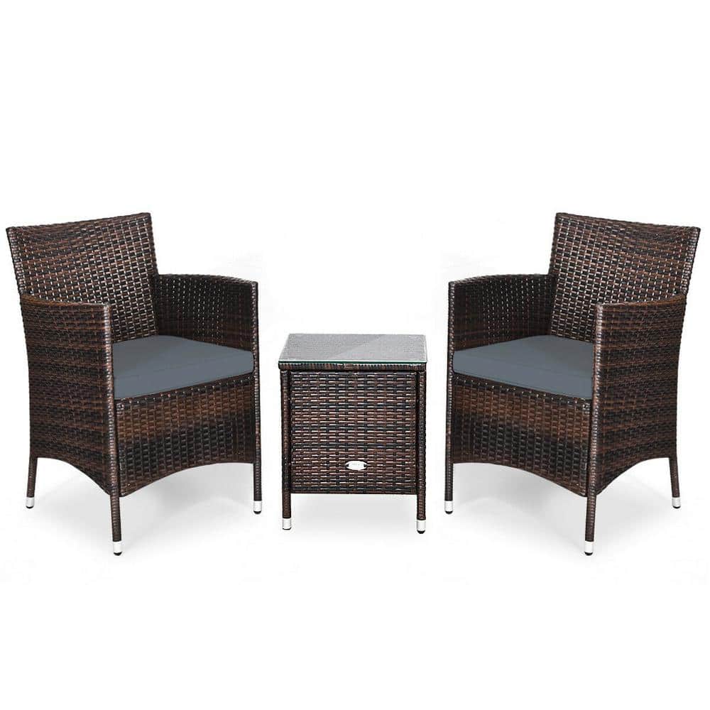 3-Piece Wicker Patio Conversation Set with Gray Cushions