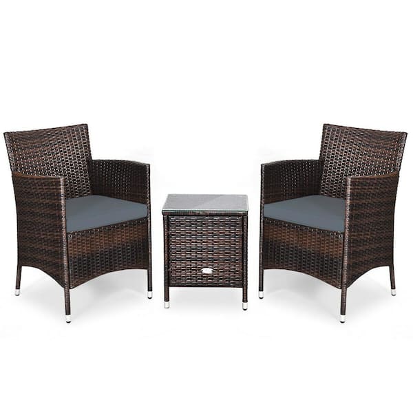 Unbranded 3-Piece Wicker Patio Conversation Set with Gray Cushions
