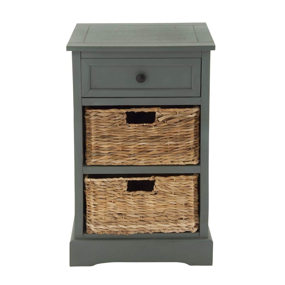 Teal Solid Wood Rectangular Side Table with Seagrass Baskets and Drawer