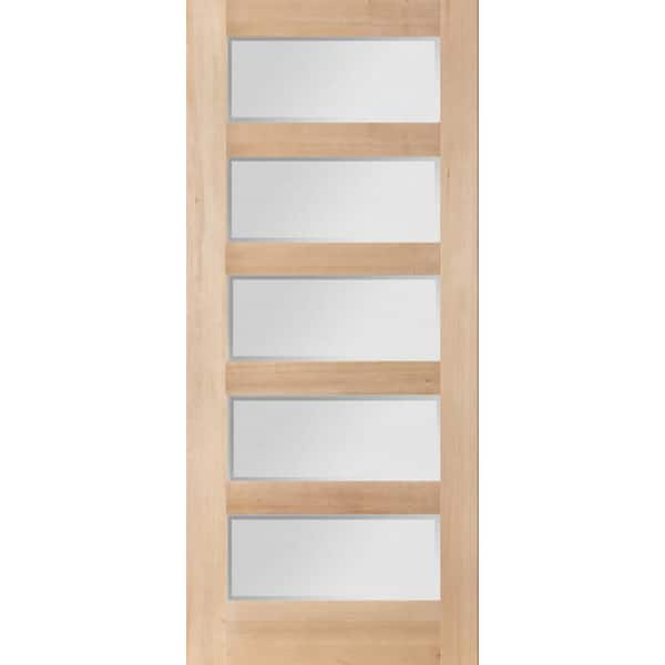 36 in. x 80 in. Modern Universal/Reversible 5 Lite Frosted Glass Privacy Window Unstained Hemlock Wood Front Door Slab