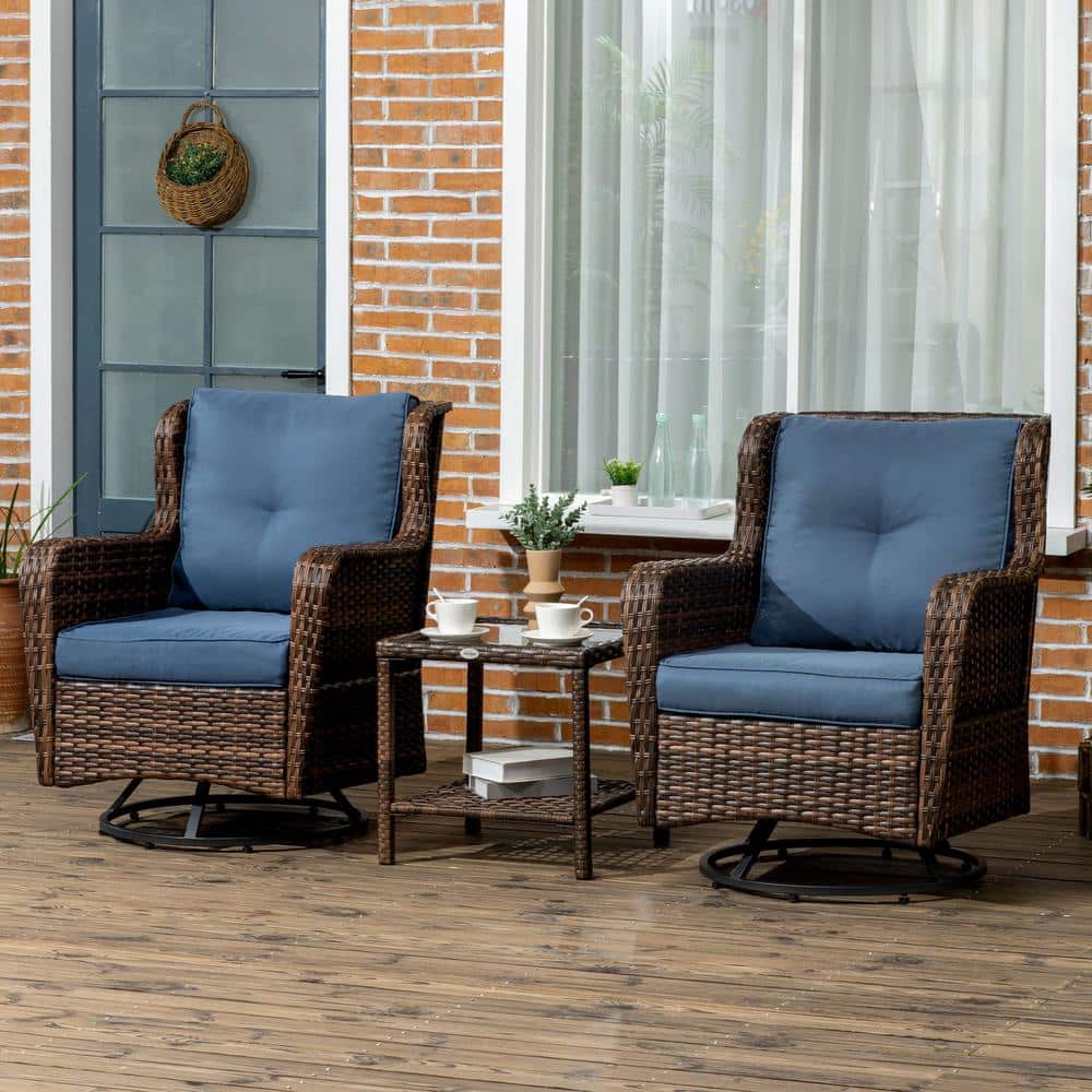 Blue and Brown PE Rattan Wicker 3-Piece Patio Bistro Set