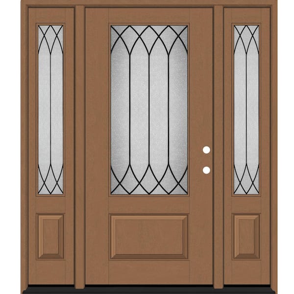 Steves & Sons Regency 64 in. x 80 in. 3/4 Spire Decorative Glass LHIS Autum Wheat Mahogany Fiberglass Prehung Front Door 12 in. SL