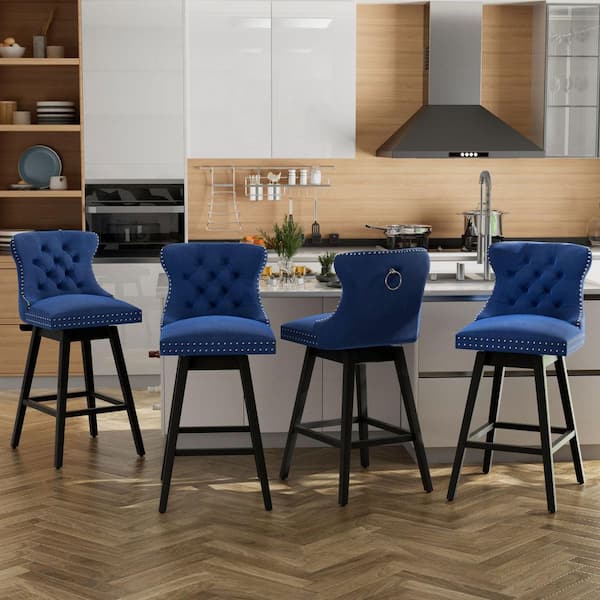 30 in. Blue Velvet Upholstered Solid Wood Frame Bar Height Swivel Bar Stool (Set of 4)